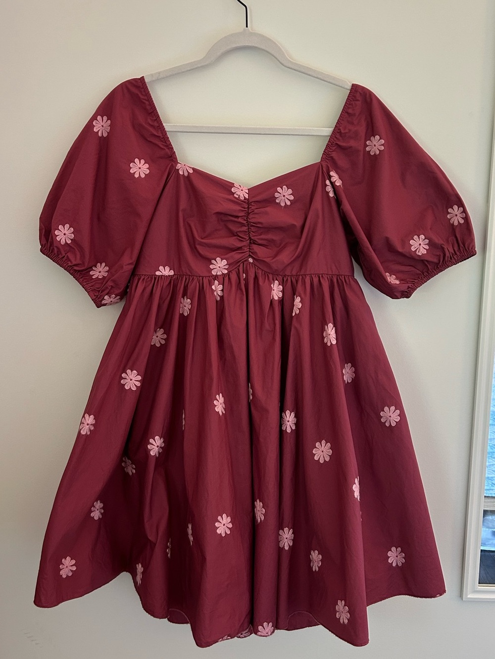 Altar'd State Embroidered Floral Babydoll Dress | Pink Floral Puff Sleeve Size M